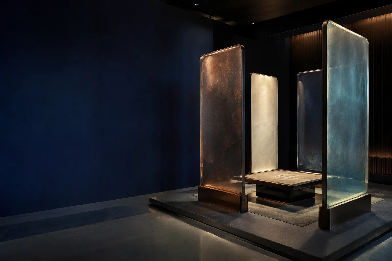 Four translucent card-shaped architectural chambers surrounding one central strategy table